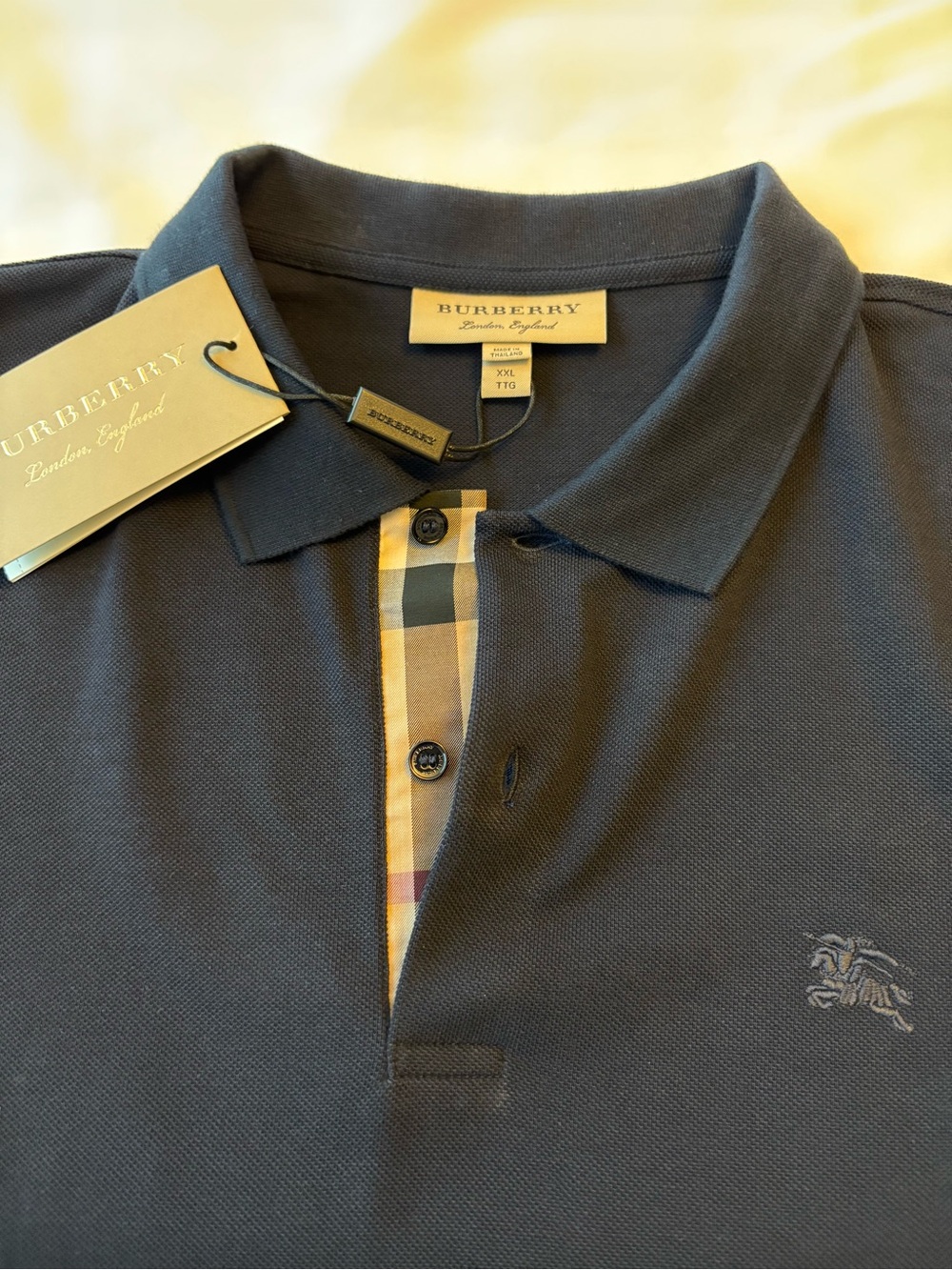 Burberry Men's Dark Navy Polo with Classic Check Placket